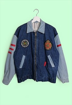 Vintage 80's Denim Oversized Jacket Retro Patches College