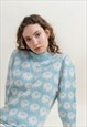 VINTAGE SHEER PATTERN PASTEL BLUE WOOL KNIT JUMPER WOMEN S