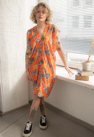 VINTAGE 80'S ORANGE TIGER PRINT MINI DRESS