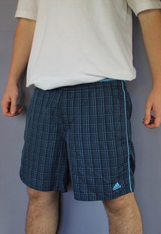 VINTAGE ADIDAS SHORTS IN BLUE PLAID WITH POCKETS, EMBROIDERE
