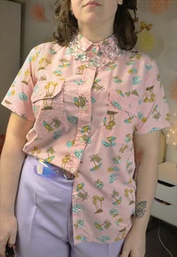 Vintage 90s Pink Hawaiian Beach Palm Print Shirt Blouse Top