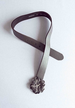 VINTAGE Y2K GREY REAL LEATHER LARGE METAL FLOWER BUCKLE BELT