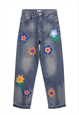 Patchwork bleached jeans star applique denim pants in blue