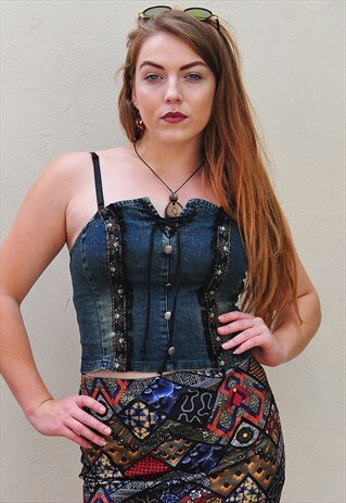 VINTAGE 90S DENIM STRAPLESS LACE-UP TOP