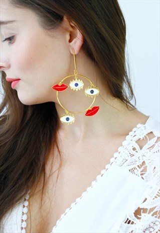 RED LIP EVIL EYE HOOP DROP DANGLE EARRINGS