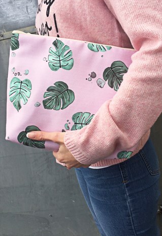 TROPICAL LEAF PRINT ZIPPER POUCH
