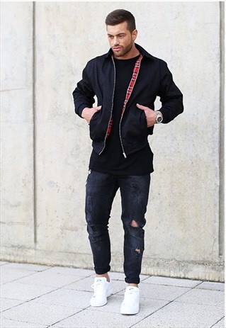 MENS BLACK TARTAN HARRINGTON BOMBER JACKET COAT