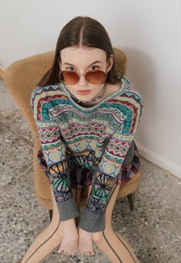 Vintage 90s Abstract Multi Color Pattern Boxy Wool Jumper M