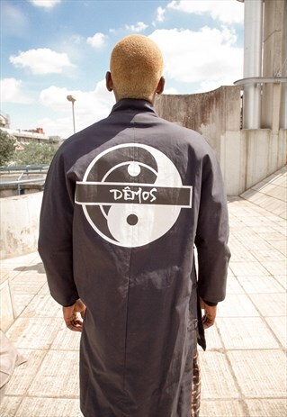 DEMOS BLACK KUNG FU LOGO WATERPROOF TRENCH COAT Y2K