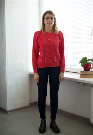 VINTAGE 80'S SALMON RED PEARL BEADED JUMPER