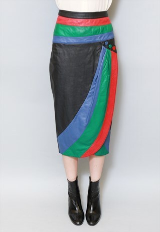 VINTAGE 1980'S BLACK STRIPE LEATHER WRAP FRONT MIDI SKIRT