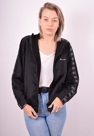 CHAMPION WOMENS VINTAGE TRACKSUIT TOP JACKET XL BLACK 90'S