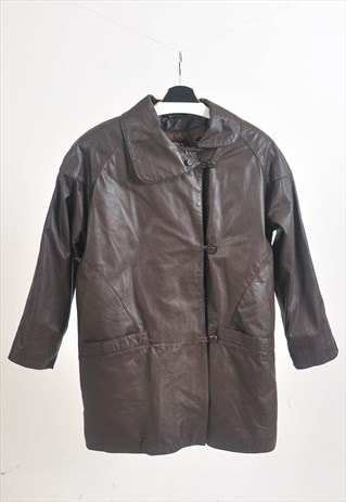 VINTAGE 80S LINED REAL LEATHER COAT IN BROWN