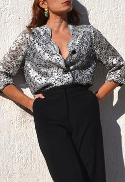 Floral lace silver/black half sleeved vintage blouse/jacket