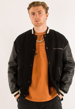VINTAGE 90S BLACK PELLE PELLE LEATHER VARSITY JACKET