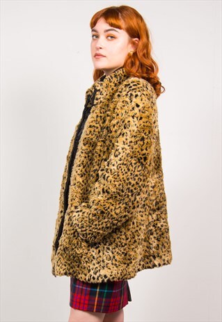VINTAGE 90'S LEOPARD PRINT FAUX FUR COAT OVERSIZED JACKET
