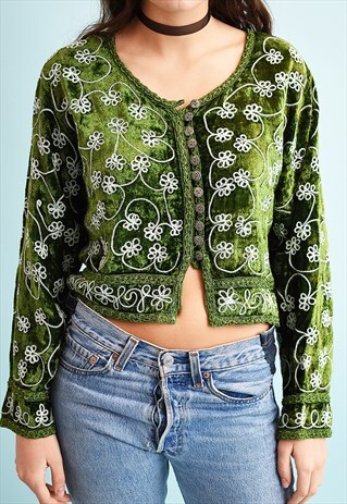 90'S RETRO BOHO STYLE VELVET EMBROIDERED TEEN CROP TOP
