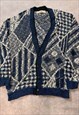 VINTAGE ABSTRACT KNITTED CARDIGAN PATTERNED GRANDAD SWEATER