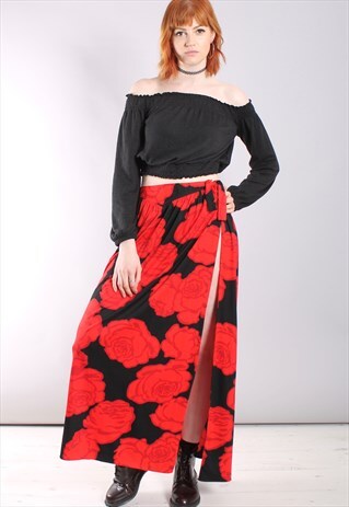 VINTAGE 80S ROSE PATTERNED WRAP SARONG MAXI SKIRT