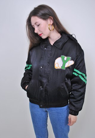 80S BLACK BASEBALL BOMBER JACKET, VINTAGE SPORT DOWN JACKET