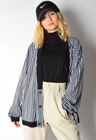 VINTAGE GREY BLACK STRIPED BOYFRIEND LIGHTWEIGHT CARDIGAN