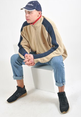 VINTAGE TURTLE NECK ZIP UP CARDIGAN IN BEIGE