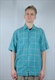 VINTAGE Y2K BRIGHT CHECKERED TURQUOISE INDIE FESTIVAL SHIRT