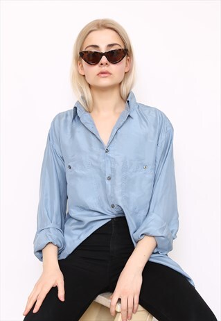 VINTAGE 90S BLUE SILK OVERSIZED BLOUSE SHIRT