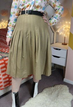 Vintage 80s Beige Monochrome Pleated Wool Full Midi Skirt