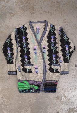 Vintage Knitted Patterned Cardigan Abstract Flower Chunky 