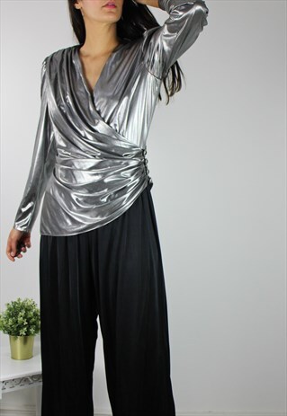 VINTAGE 90S JUMPSUIT W SLIVER LAME DRAPE DETAIL & BUTTONS