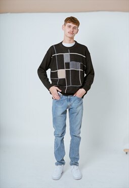 Vintage Round Neck Grandad Wool Sweater in Multi Knit M