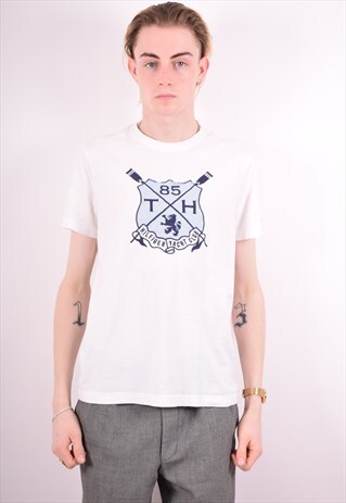 TOMMY HILFIGER MENS VINTAGE T-SHIRT TOP SMALL WHITE 90S