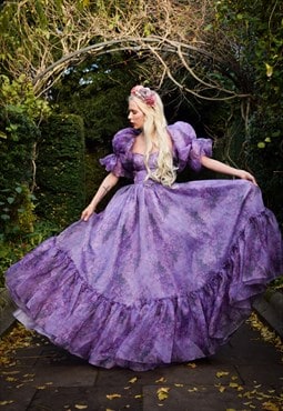 Purple Floral Organza Ruffled Long Puff Dress Sizes 4-24