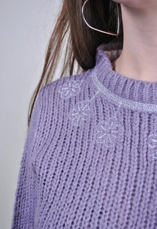 90S PURPLE FLORAL SWEATER, VINTAGE LACE FLOWERS PULLOVER