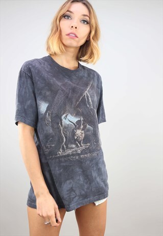 VINTAGE OVERSIZED GREY DINOSAUR GRAPHIC PRINT T-SHIRT