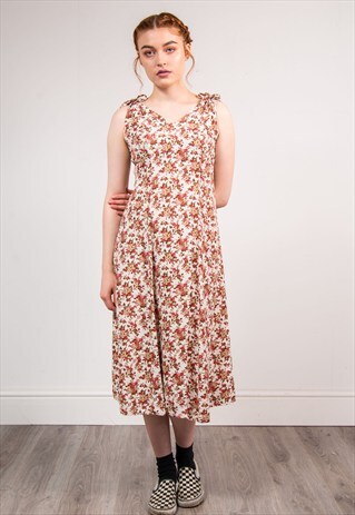 90'S VINTAGE CUTE SUMMER FLORAL PATTERN BOHO MIDI DRESS