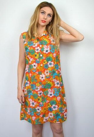 VINTAGE 70S ORANGE FLORAL PSYCHEDELIC HIPPY SHIFT MINI DRESS
