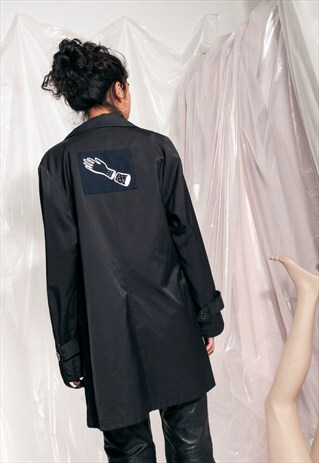 VINTAGE TRENCH COAT Y2K REWORKED GRAPHIC PATCH BLACK JACKET