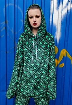 69 print hoodie crushed velvet retro logo pullover in green