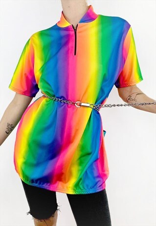 VINTAGE 80S 90S SPORT TEE SPORTSWEAR TSHIRT RAINBOW RAVE TOP