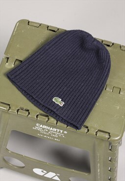 Vintage Lacoste Beanie in Navy Knitted Embroidered Cosy Hat