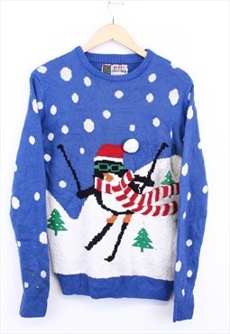 Vintage Penguin Christmas Jumper Blue Pullover Knitted 90s