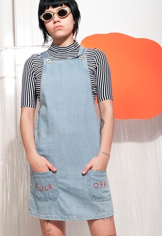 VINTAGE DUNGAREE DRESS Y2K REWORKED FUCK OFF DENIM DRESS