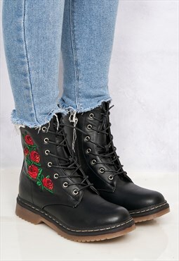 Double Sole Rose Print Boot In Black Pu