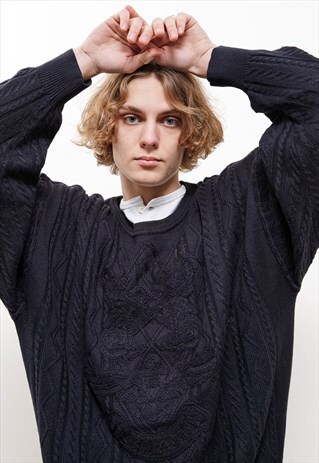 VINTAGE 80S BAFFO BLACK CABLE KNIT OVERSIZED JUMPER MEN XL
