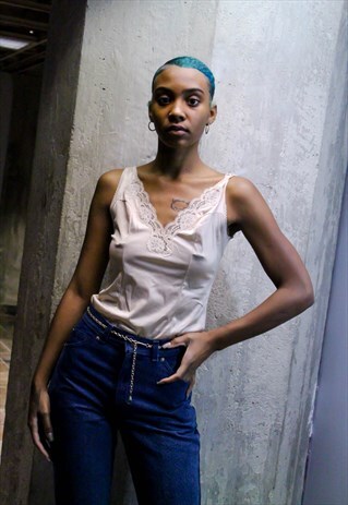 VINTAGE CREAM SATIN CAMISOLE 80S TANK TOP