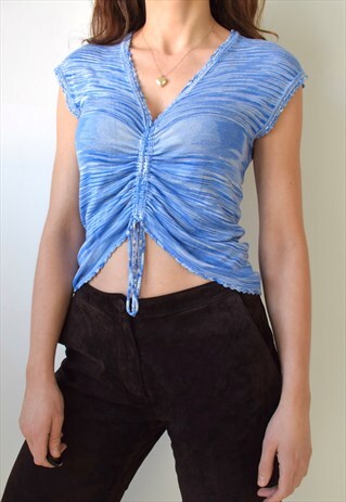 VINTAGE 90S Y2K FINE KNIT RUCHED TIE UP BUTTERFLY TOP