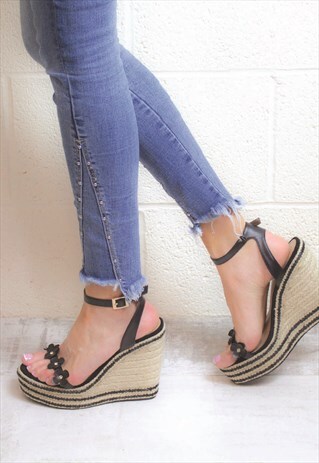 BLACK FLORAL STRAP ESPADRILLE WEDGE SANDAL