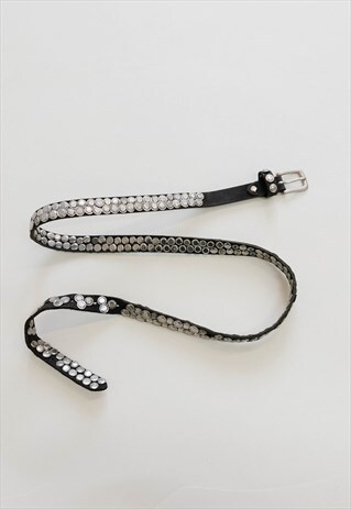 VINTAGE 00S ROUND STUD SKINNY BLACK REAL LEATHER BELT UNISEX